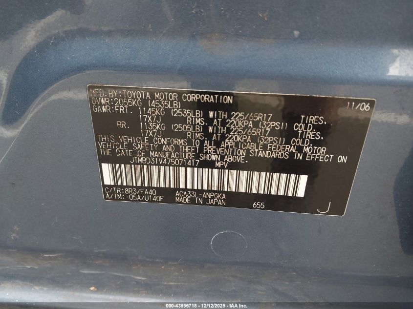 2007 Toyota Rav4 Limited VIN: JTMBD31V475071417 Lot: 43896718