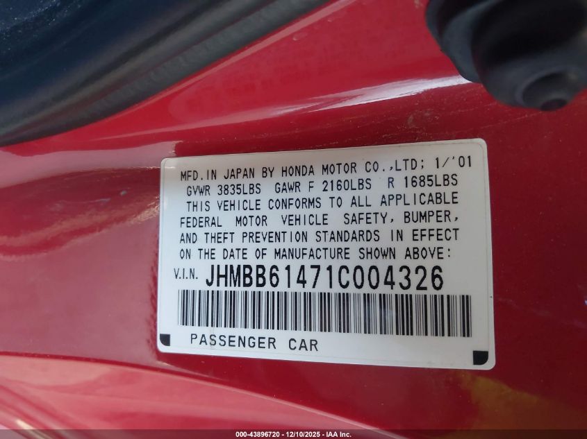 2001 Honda Prelude VIN: JHMBB61471C004326 Lot: 43896720