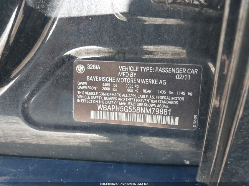 2011 BMW 328I VIN: WBAPH5G55BNM79881 Lot: 43896727