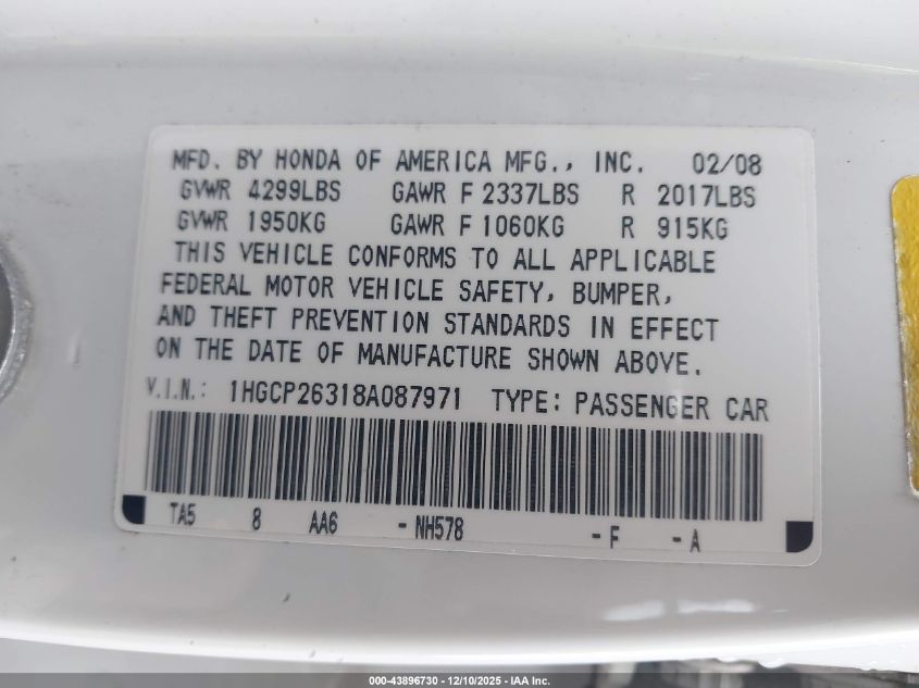 2008 Honda Accord 2.4 Lx VIN: 1HGCP26318A087971 Lot: 43896730