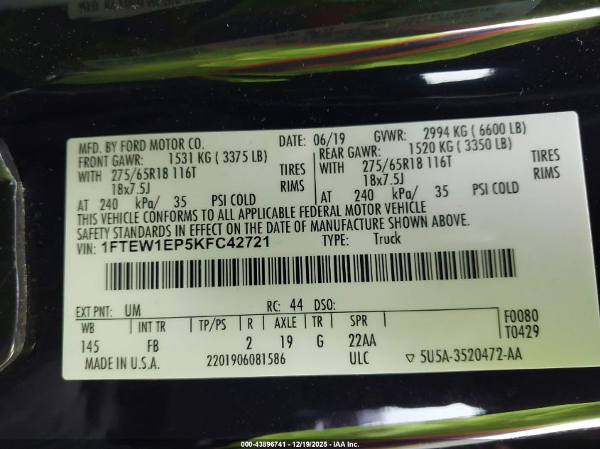 2019 Ford F-150 Xlt VIN: 1FTEW1EP5KFC42721 Lot: 43896741