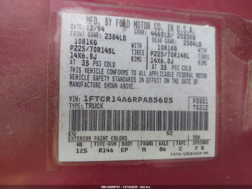 1994 Ford Ranger Super Cab VIN: 1FTCR14A6RPA85605 Lot: 43896751