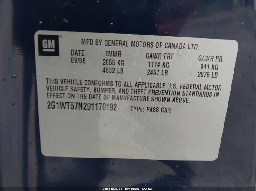 2009 Chevrolet Impala Lt VIN: 2G1WT57N291170192 Lot: 43896754