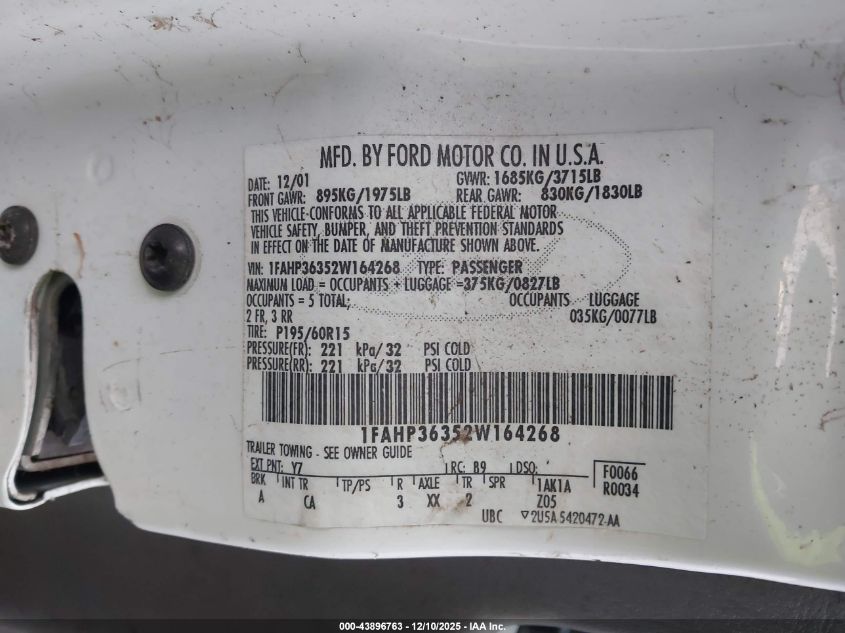 2002 Ford Focus Se/Ztw VIN: 1FAHP36352W164268 Lot: 43896763