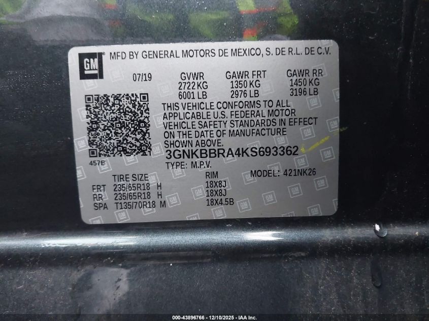 2019 Chevrolet Blazer VIN: 3GNKBBRA4KS693362 Lot: 43896766