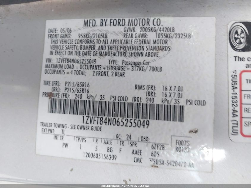 2006 Ford Mustang V6 VIN: 1ZVFT84N065255049 Lot: 43896768