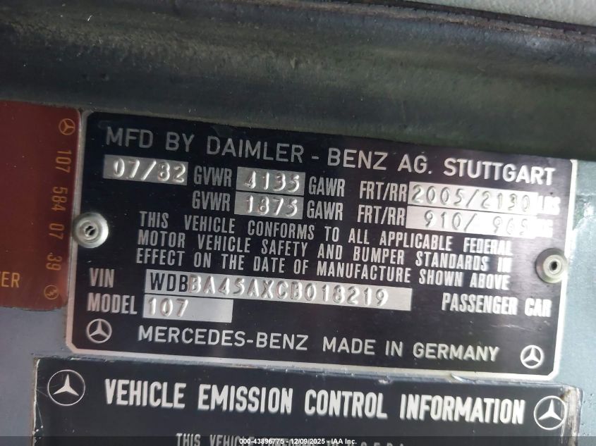 1985 Mercedes-Benz 380 Sl VIN: WDBBA45C0FA018130 Lot: 43896775