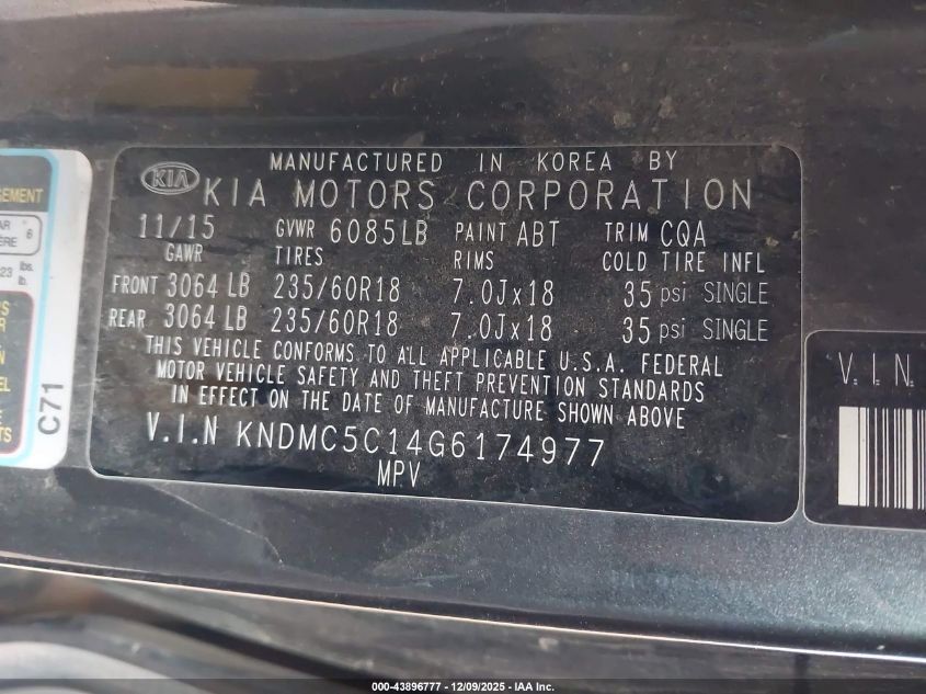 2016 Kia Sedona Ex VIN: KNDMC5C14G6174977 Lot: 43896777