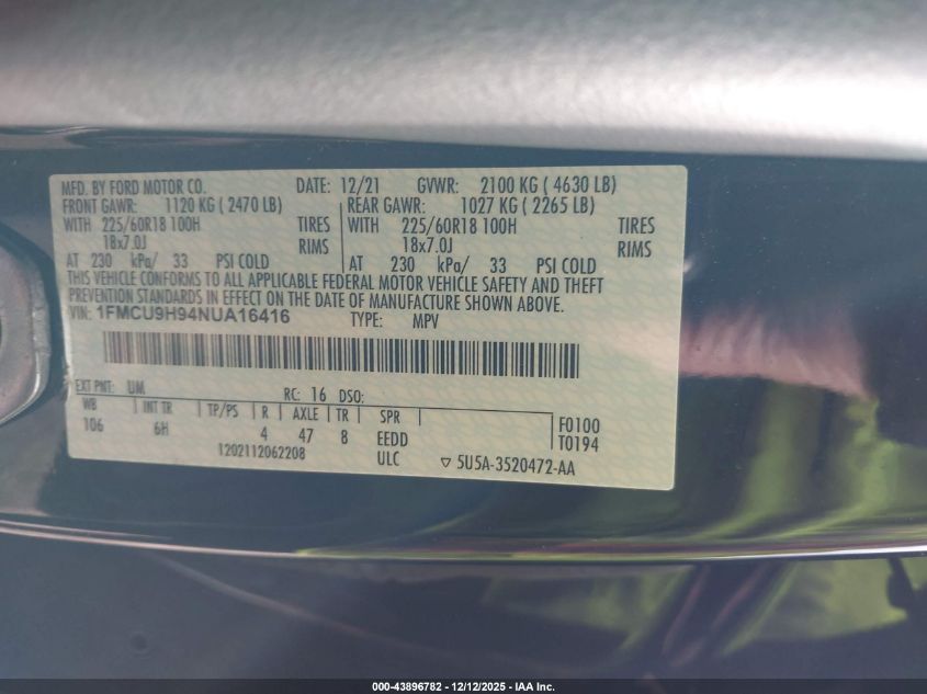 2022 Ford Escape Sel VIN: 1FMCU9H94NUA16416 Lot: 43896782