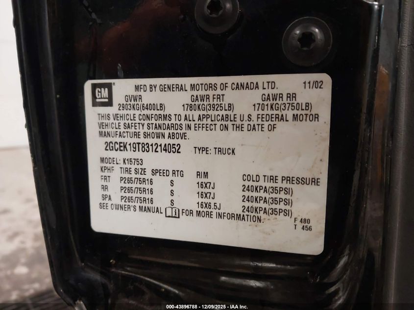 2003 Chevrolet Silverado 1500 Ls VIN: 2GCEK19T831214052 Lot: 43896788