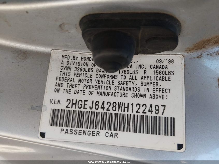 1998 Honda Civic Cx VIN: 2HGEJ6428WH122497 Lot: 43896794