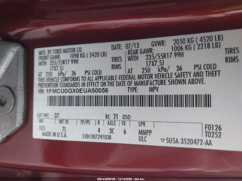 2014 Ford Escape Se VIN: 1FMCU0GX0EUA50056 Lot: 43896795