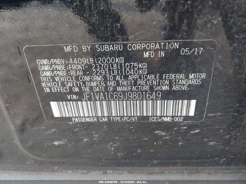 2018 Subaru Wrx Premium VIN: JF1VA1C69J9801649 Lot: 43896799