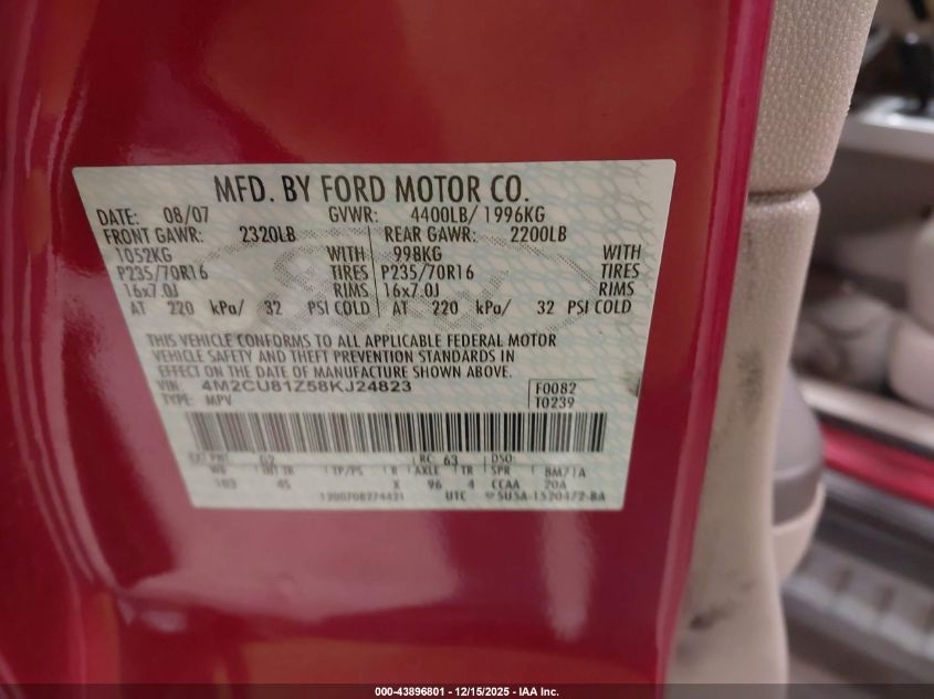 2008 Mercury Mariner VIN: 4M2CU81258KJ24823 Lot: 43896801