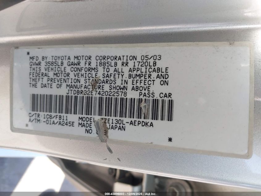 2004 Toyota Corolla Ce VIN: JTDBR32E742022578 Lot: 43896803