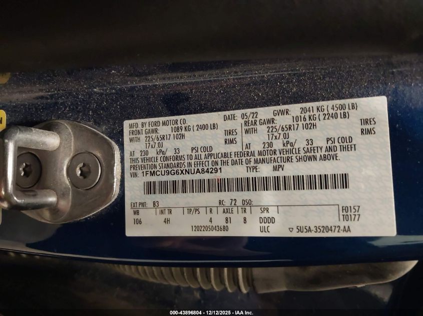 2022 Ford Escape Se VIN: 1FMCU9G6XNUA84291 Lot: 43896804