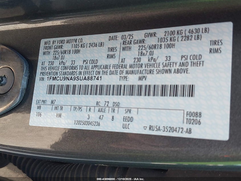 1FMCU9NA9SUA88741 2025 FORD ESCAPE photo no. 9
