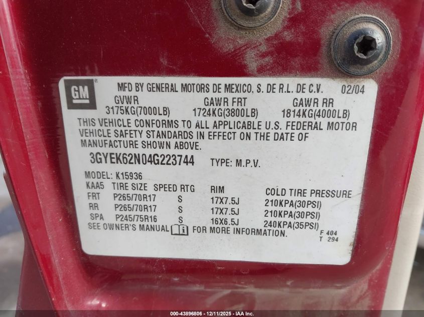 2004 Cadillac Escalade Ext Standard VIN: 3GYEK62N04G223744 Lot: 43896806