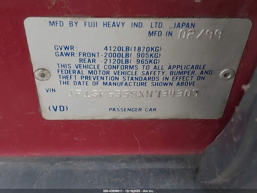 1999 Subaru Forester L VIN: JF1SF6358XH734307 Lot: 43896811