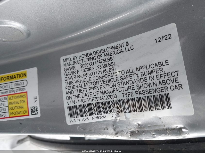 2022 Honda Accord Sport VIN: 1HGCV1F39NA123000 Lot: 43896817