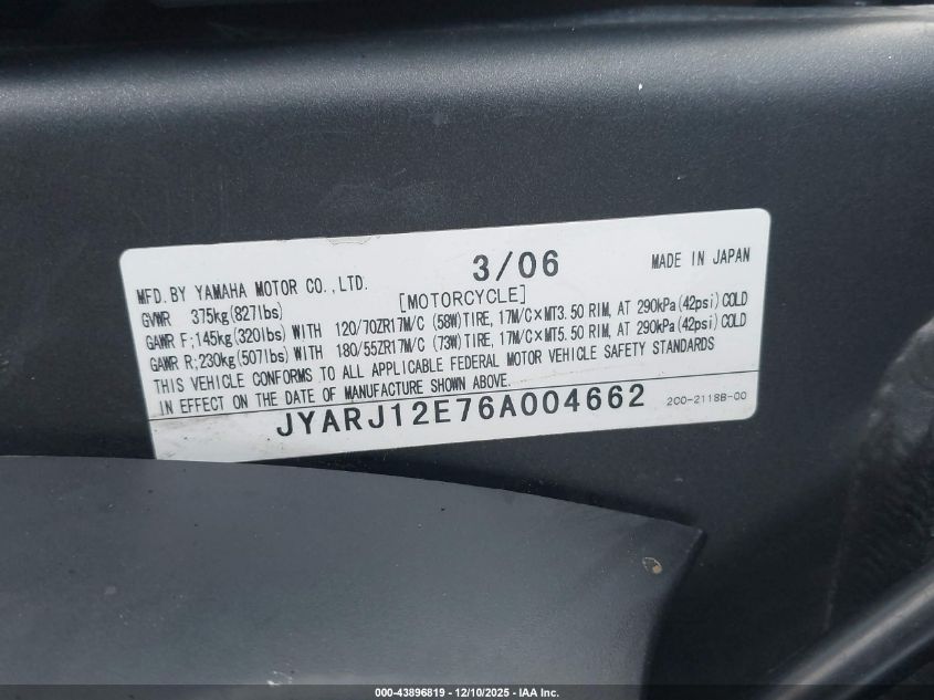 2006 Yamaha Yzfr6 L VIN: JYARJ12E76A004662 Lot: 43896819