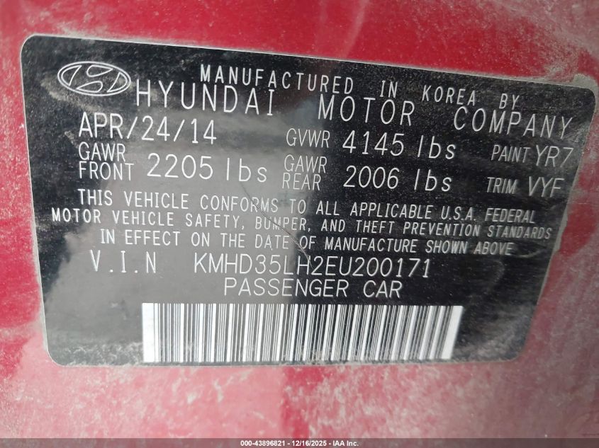 2014 Hyundai Elantra Gt VIN: KMHD35LH2EU200171 Lot: 43896821