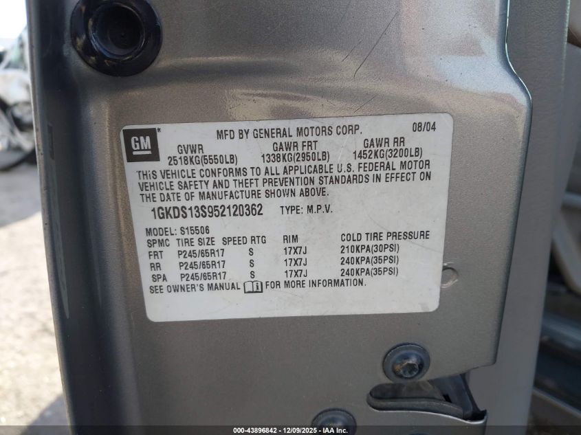 2005 GMC Envoy VIN: 1GKBS13S952120362 Lot: 43896842