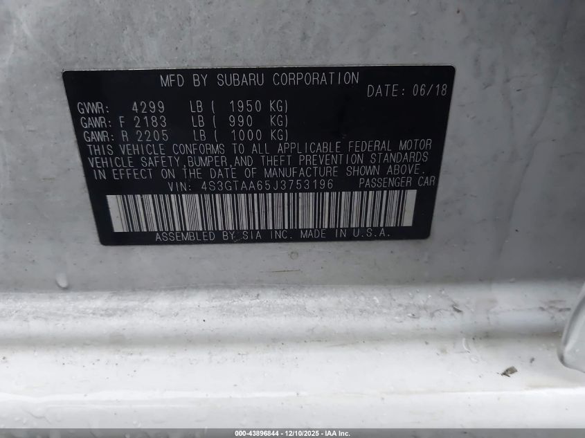 2018 Subaru Impreza 2.0I VIN: 4S3GTAA65J3753196 Lot: 43896844