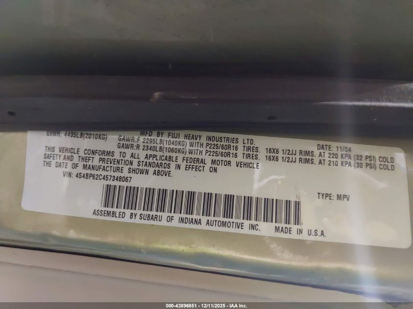 2005 Subaru Outback 2.5I Limited VIN: 4S4BP62C457348067 Lot: 43896851