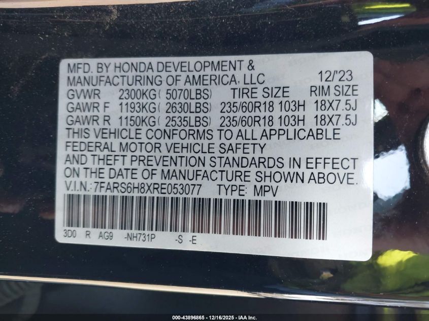 2024 Honda Cr-V Hybrid Sport-L VIN: 7FARS6H8XRE053077 Lot: 43896865