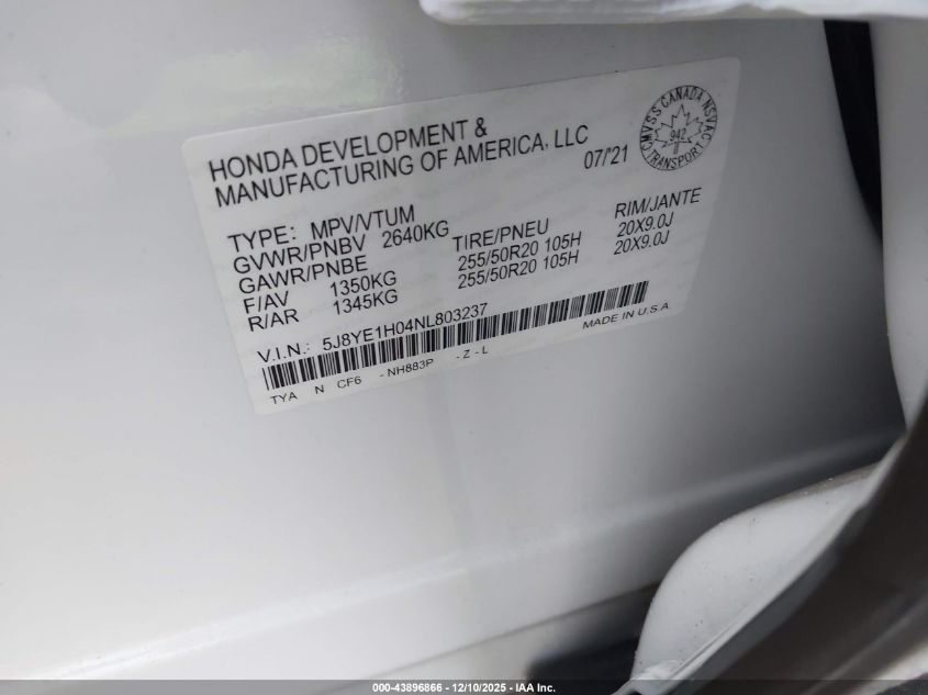 2022 Acura Mdx A-Spec Package VIN: 5J8YE1H04NL803237 Lot: 43896866