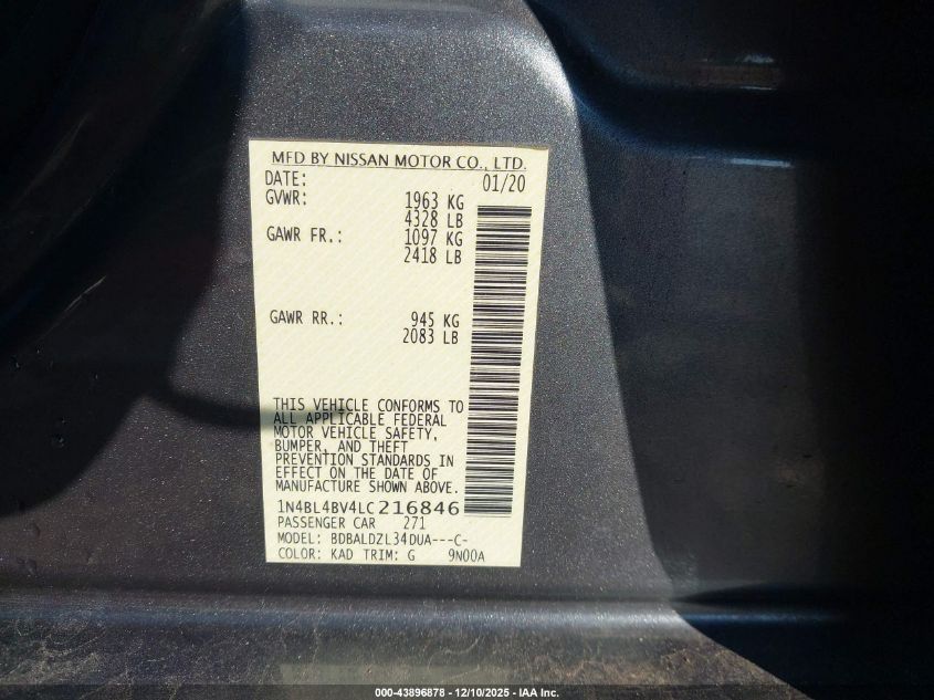 2020 Nissan Altima S Fwd VIN: 1N4BL4BV4LC216846 Lot: 43896878