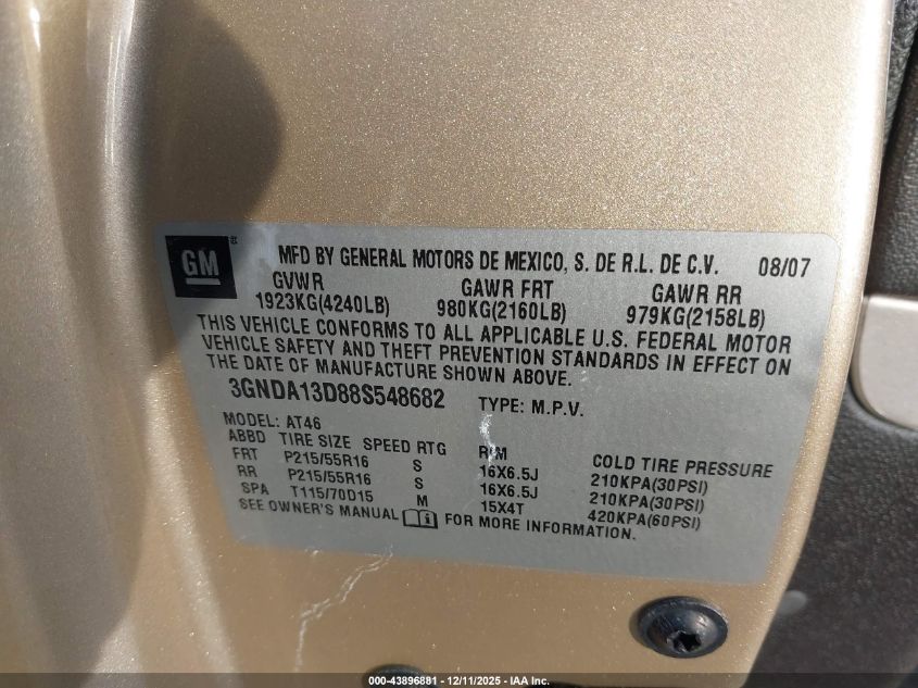 2008 Chevrolet Hhr Ls VIN: 3GNDA13D88S548682 Lot: 43896881