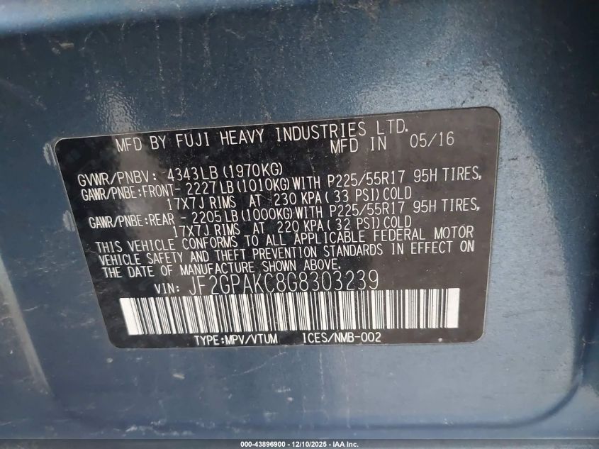 2016 Subaru Crosstrek 2.0I Limited VIN: JF2GPAKC8G8303239 Lot: 43896900