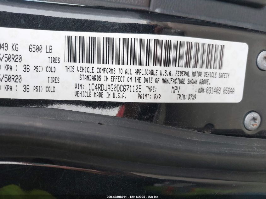 2013 Dodge Durango Sxt VIN: 1C4RDJAG0DC671105 Lot: 43896911