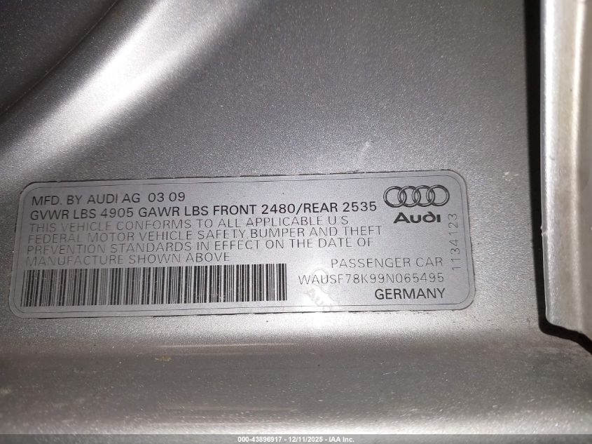 2009 Audi A4 2.0T Premium VIN: WAUSF78K99N065495 Lot: 43896917