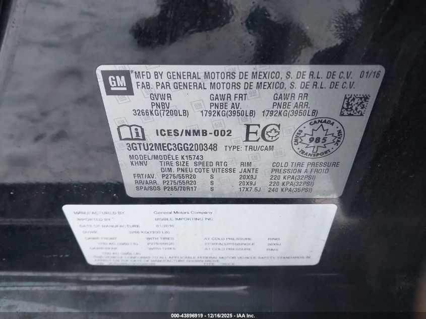 2016 GMC Sierra 1500 Sle VIN: 3GTU2MEC3GG200348 Lot: 43896919