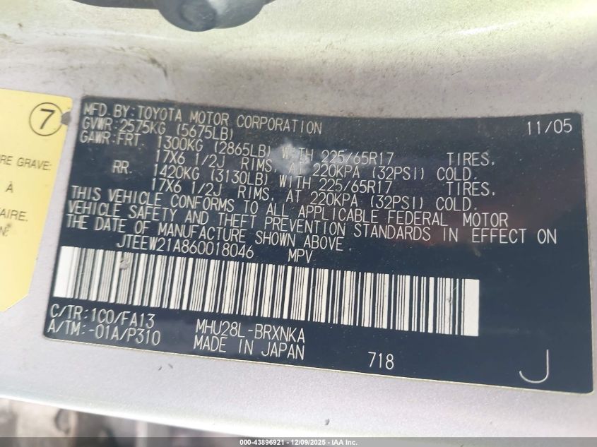 2006 Toyota Highlander Hybrid V6 VIN: JTEEW21A860018046 Lot: 43896921