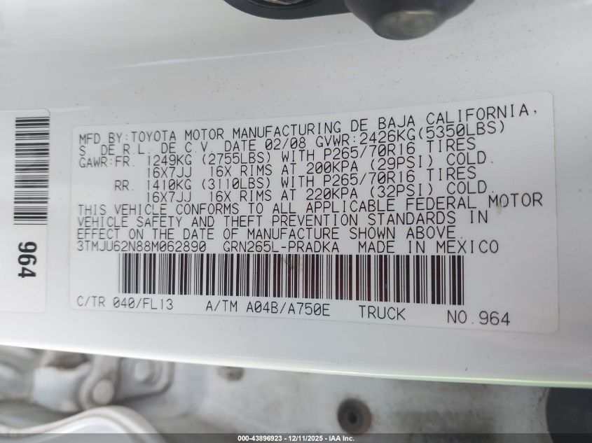 2008 Toyota Tacoma Prerunner V6 VIN: 3TMJU62N88M062890 Lot: 43896923