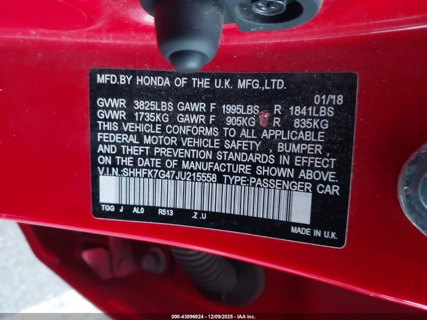 2018 Honda Civic Sport VIN: SHHFK7G47JU215558 Lot: 43896924