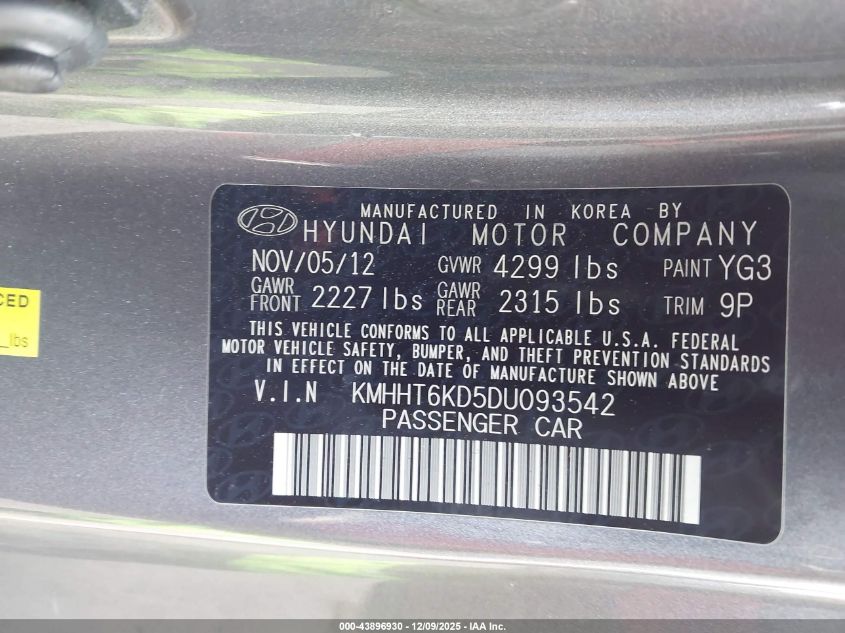 2013 Hyundai Genesis 2.0T R-Spec VIN: KMHHT6KD5DU093542 Lot: 43896930