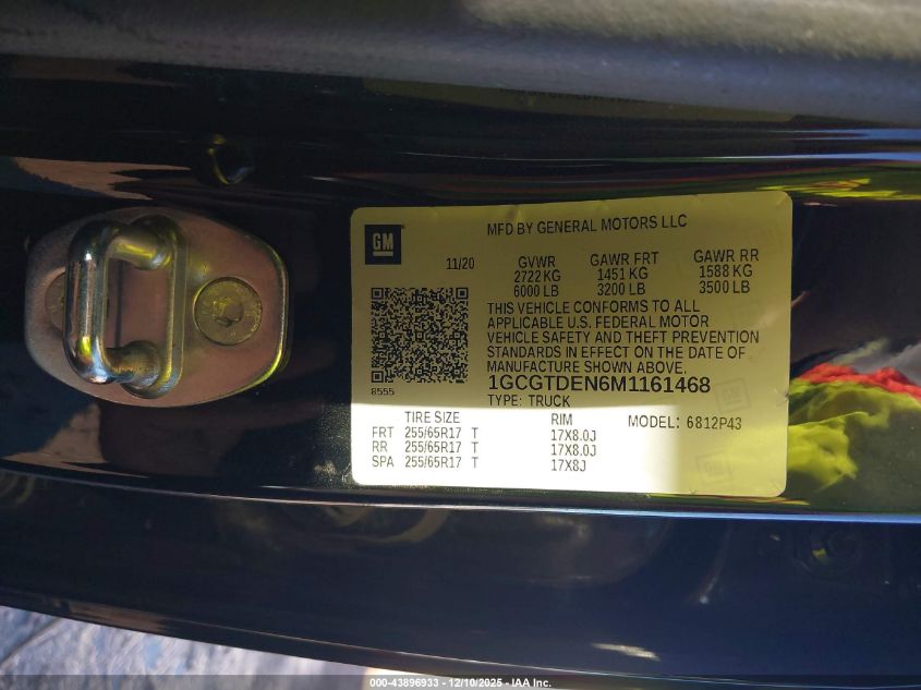 2021 Chevrolet Colorado 4Wd Short Box Z71 VIN: 1GCGTDEN6M1161468 Lot: 43896933