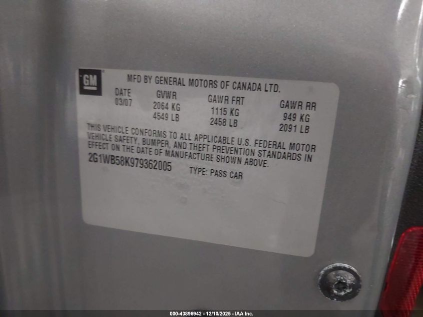 2007 Chevrolet Impala Ls VIN: 2G1WB58K979362005 Lot: 43896942