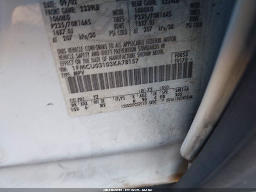 2003 Ford Escape Xlt VIN: 1FMCU03103KA78157 Lot: 43896948