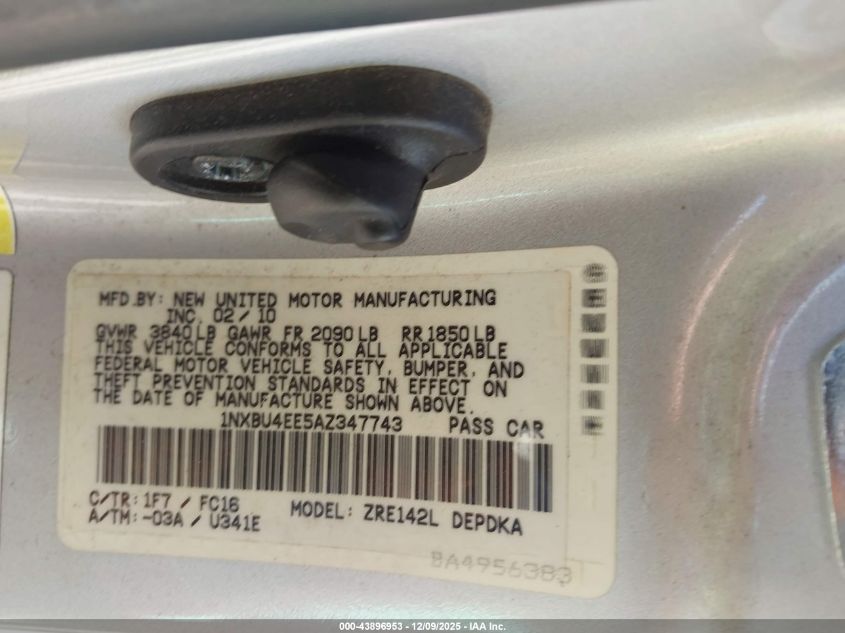 2010 Toyota Corolla Le VIN: 1NXBU4EE5AZ347743 Lot: 43896953