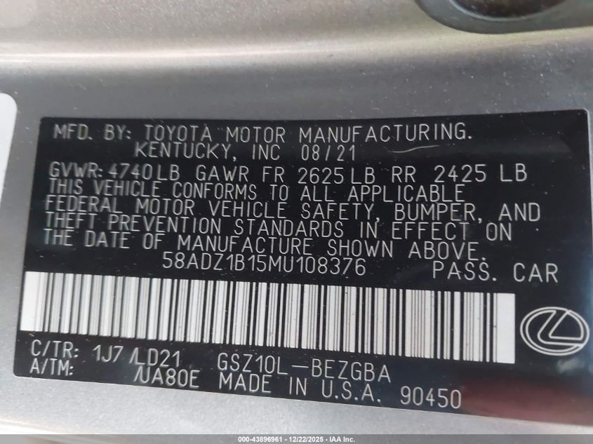 2021 Lexus Es 350 VIN: 58ADZ1B15MU108376 Lot: 43896961