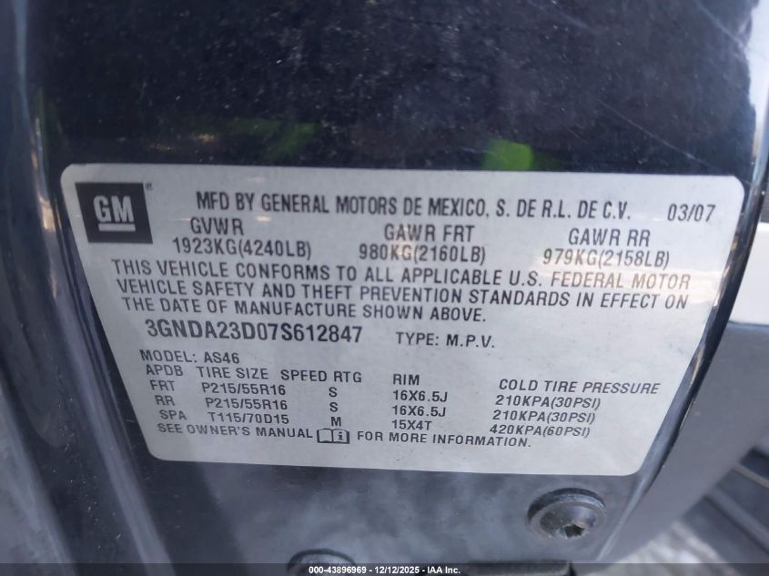 2007 Chevrolet Hhr Lt VIN: 3GNDA23D07S612847 Lot: 43896969