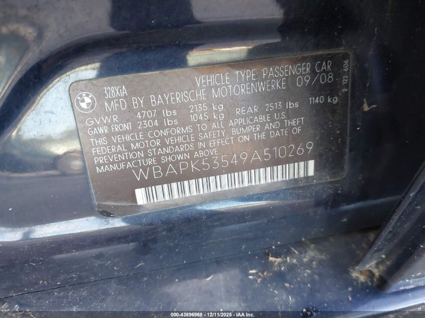 2009 BMW 328I xDrive VIN: WBAPK53549A510269 Lot: 43896968