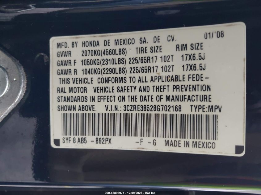 2008 Honda Cr-V Ex VIN: 3CZRE38528G702168 Lot: 43896971