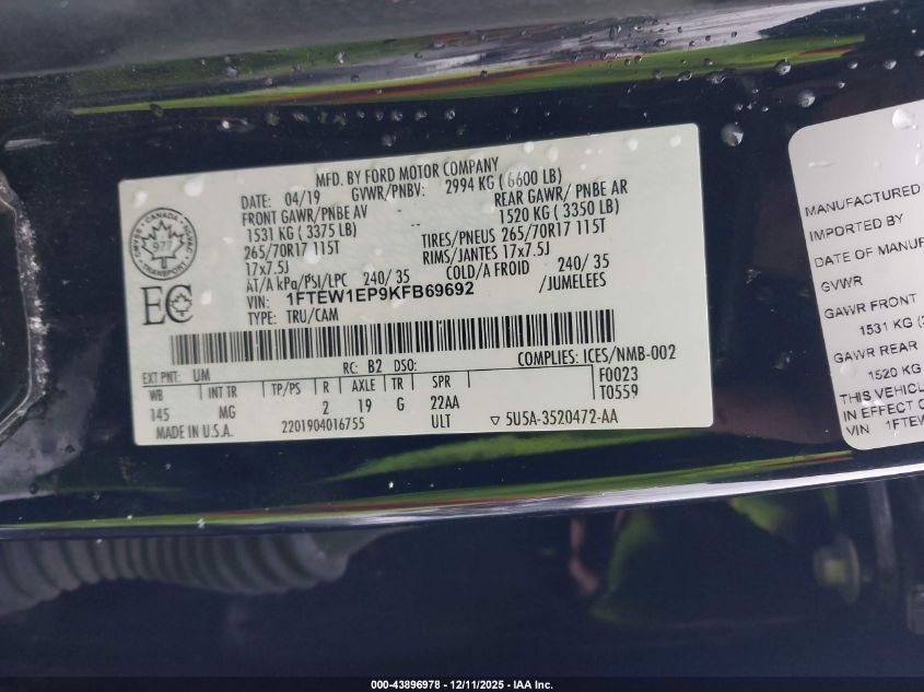 2019 Ford F-150 Xlt VIN: 1FTEW1EP9KFB69692 Lot: 43896978